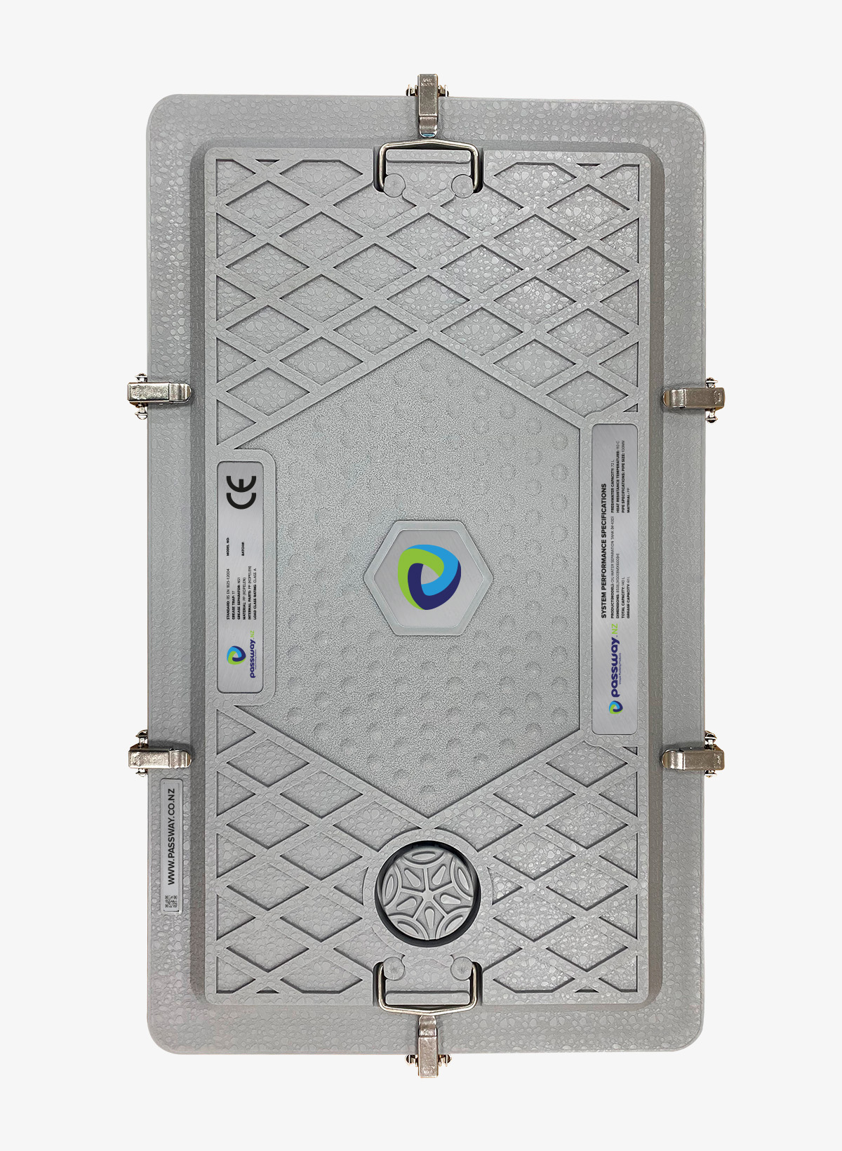 Passway™ M-43D grease trap — top view of the lid with stainless-steel latches